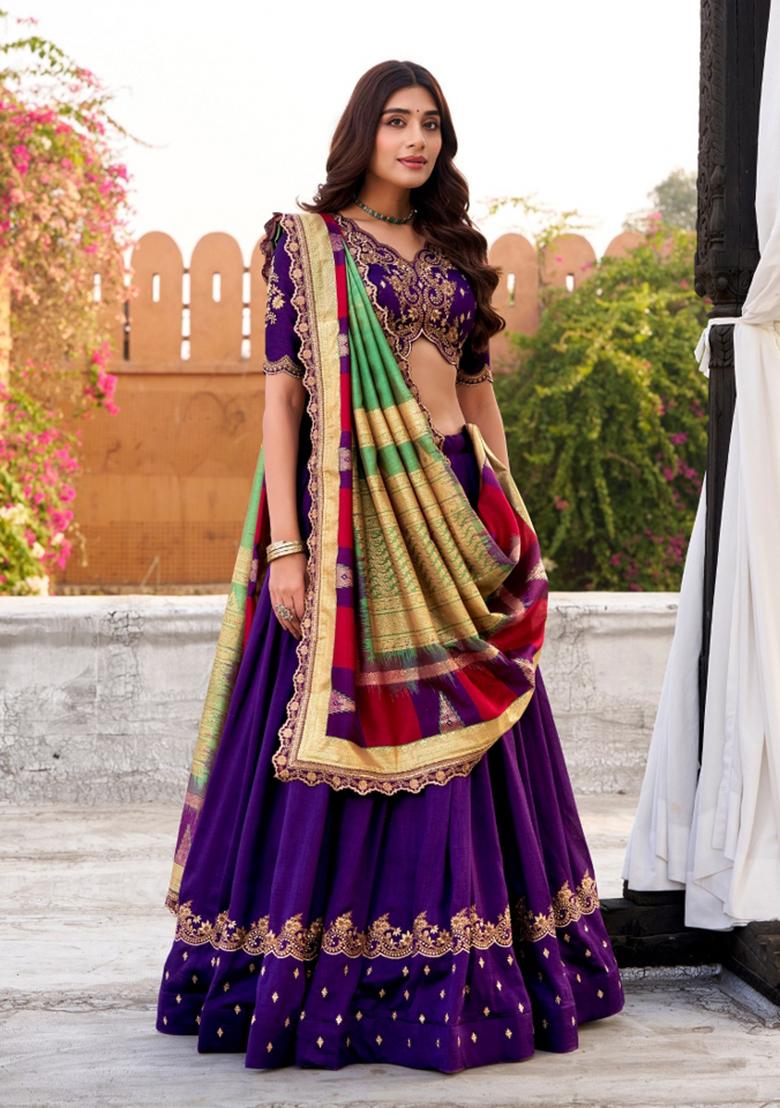 Purple Embroidered Silk Blend Lehenga Set - Indya