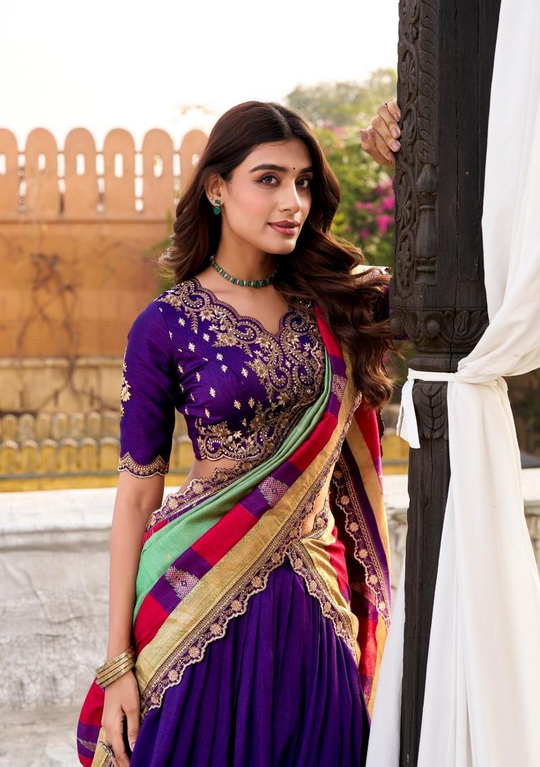 Purple Embroidered Silk Blend Lehenga Set - Indya