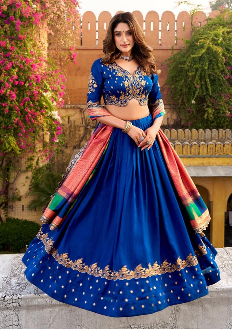 Royal Blue Embroidered Silk Blend Lehenga Set - Indya