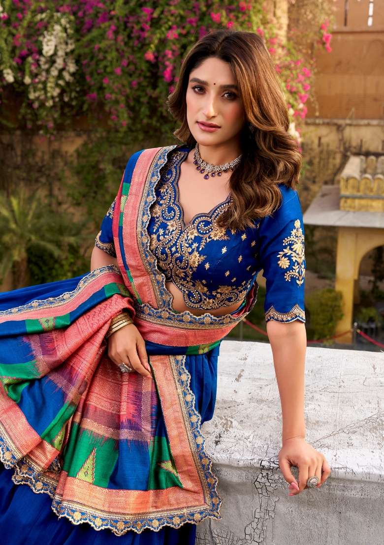 Royal Blue Embroidered Silk Blend Lehenga Set for Diwali and Festive Wear - Indya