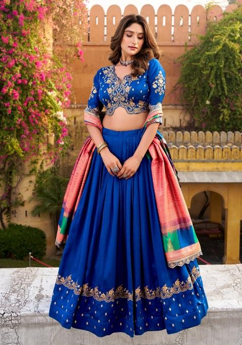 Royal Blue Embroidered Silk Blend Lehenga Set