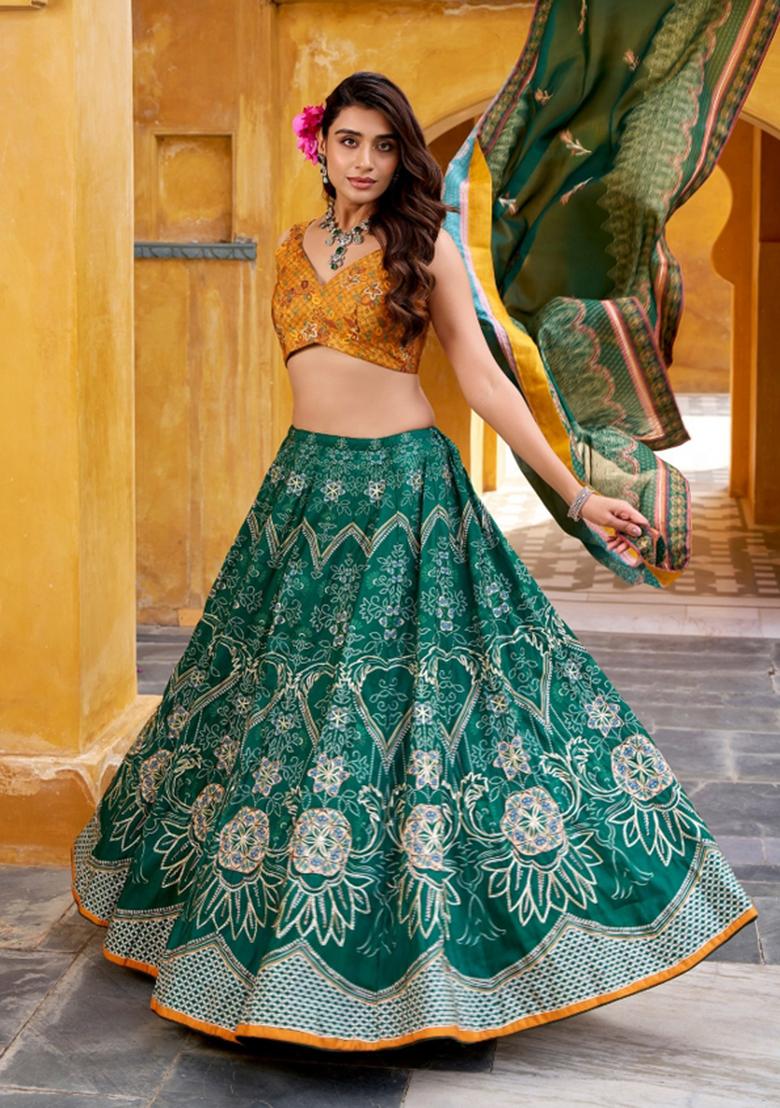 Green Printed Silk Blend Lehenga Set - Indya