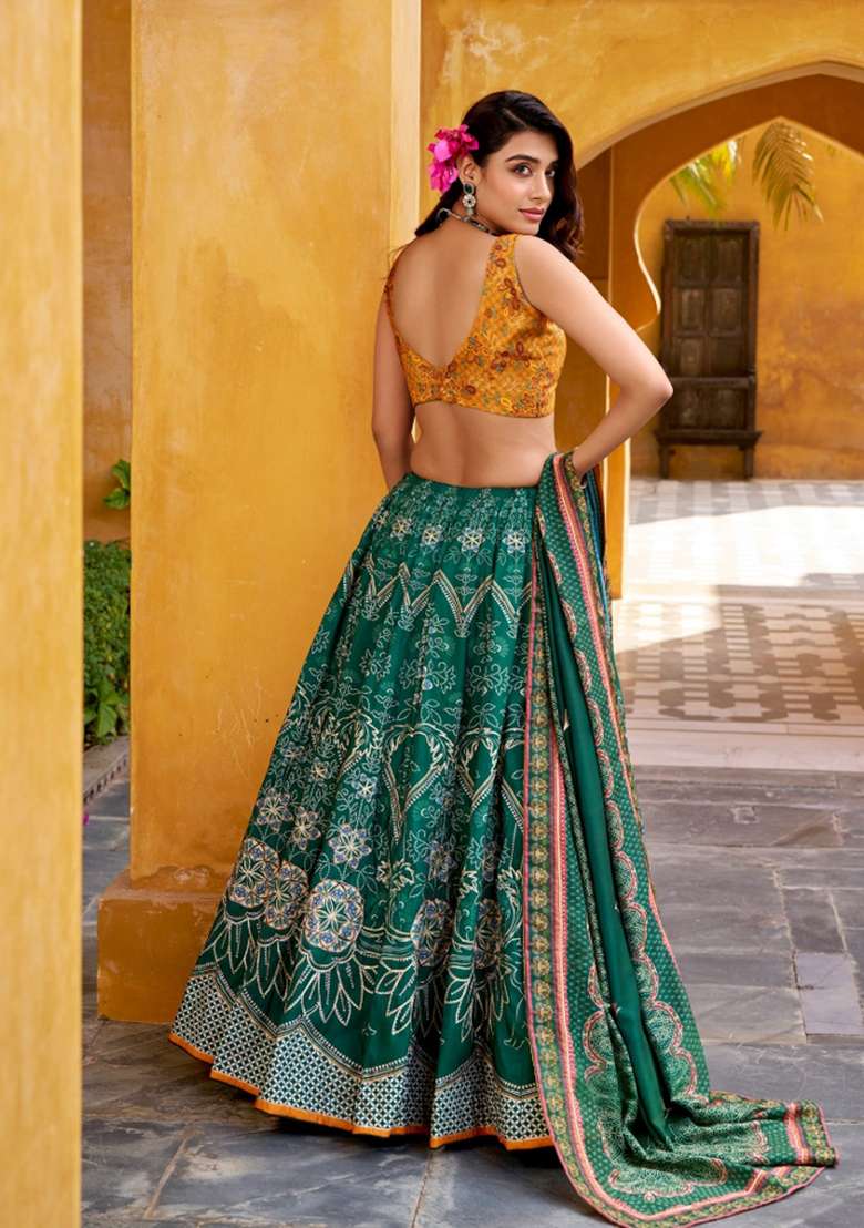 Green Printed Silk Blend Lehenga Set - Indya