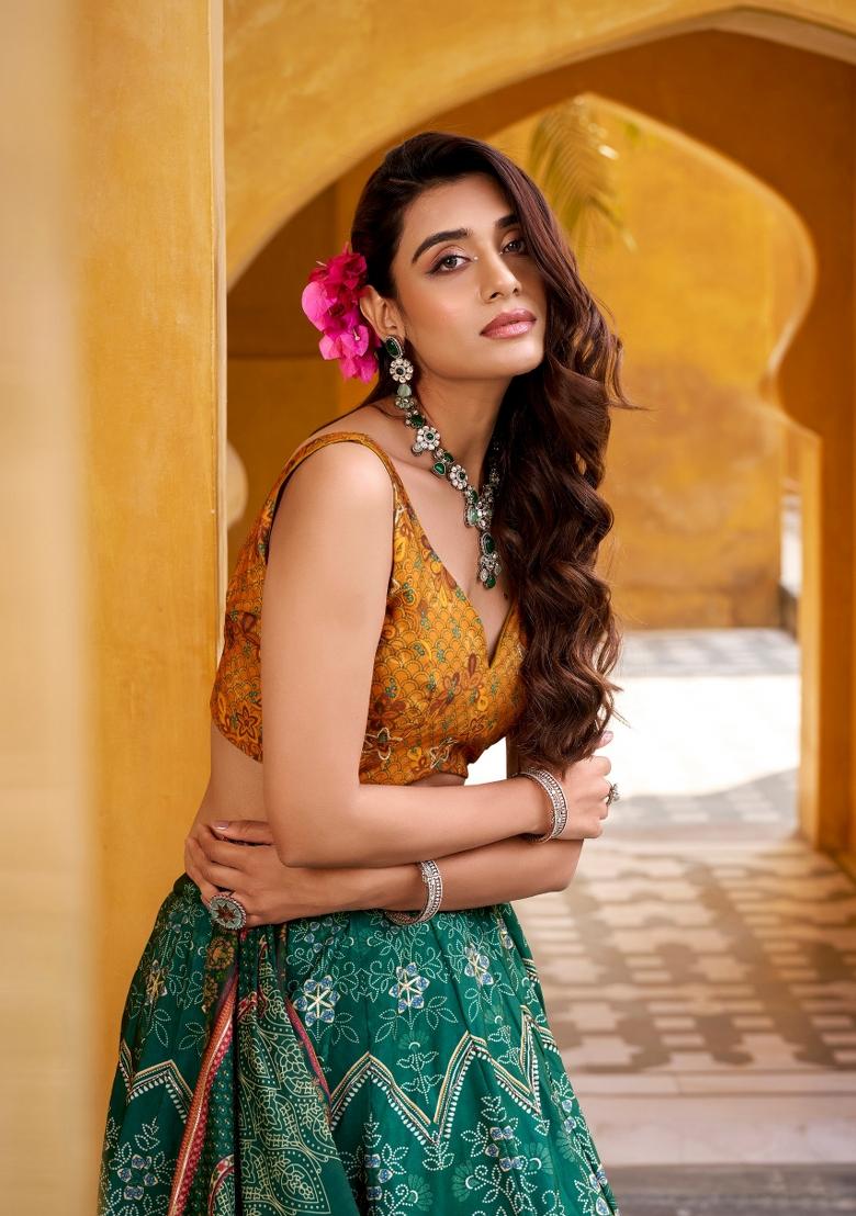 Green Printed Silk Blend Lehenga Set - Indya