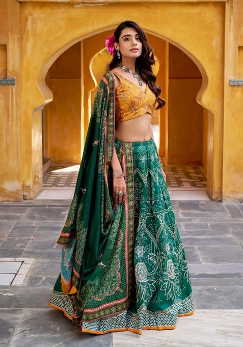 Green Printed Silk Blend Lehenga Set