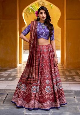Maroon Printed Silk Blend Lehenga Set