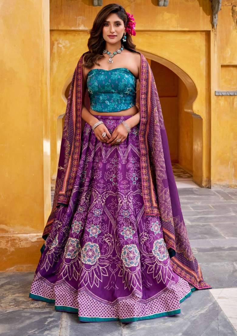Purple Printed Silk Blend Lehenga Set - Indya