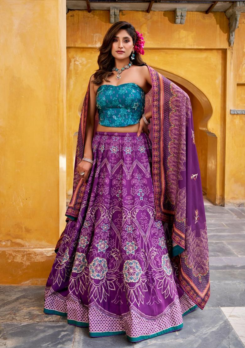 Purple Printed Silk Blend Lehenga Set - Indya