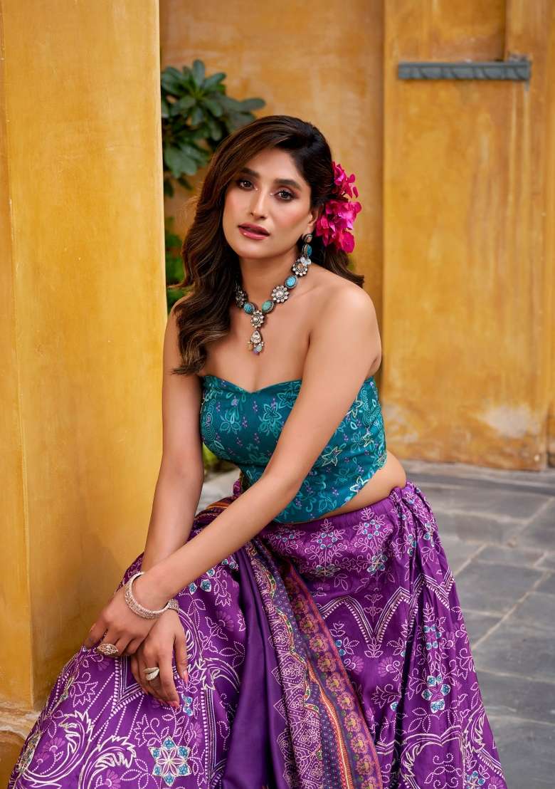 Purple Printed Silk Blend Lehenga Set - Indya