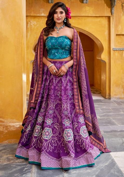 Purple Printed Silk Blend Lehenga Set