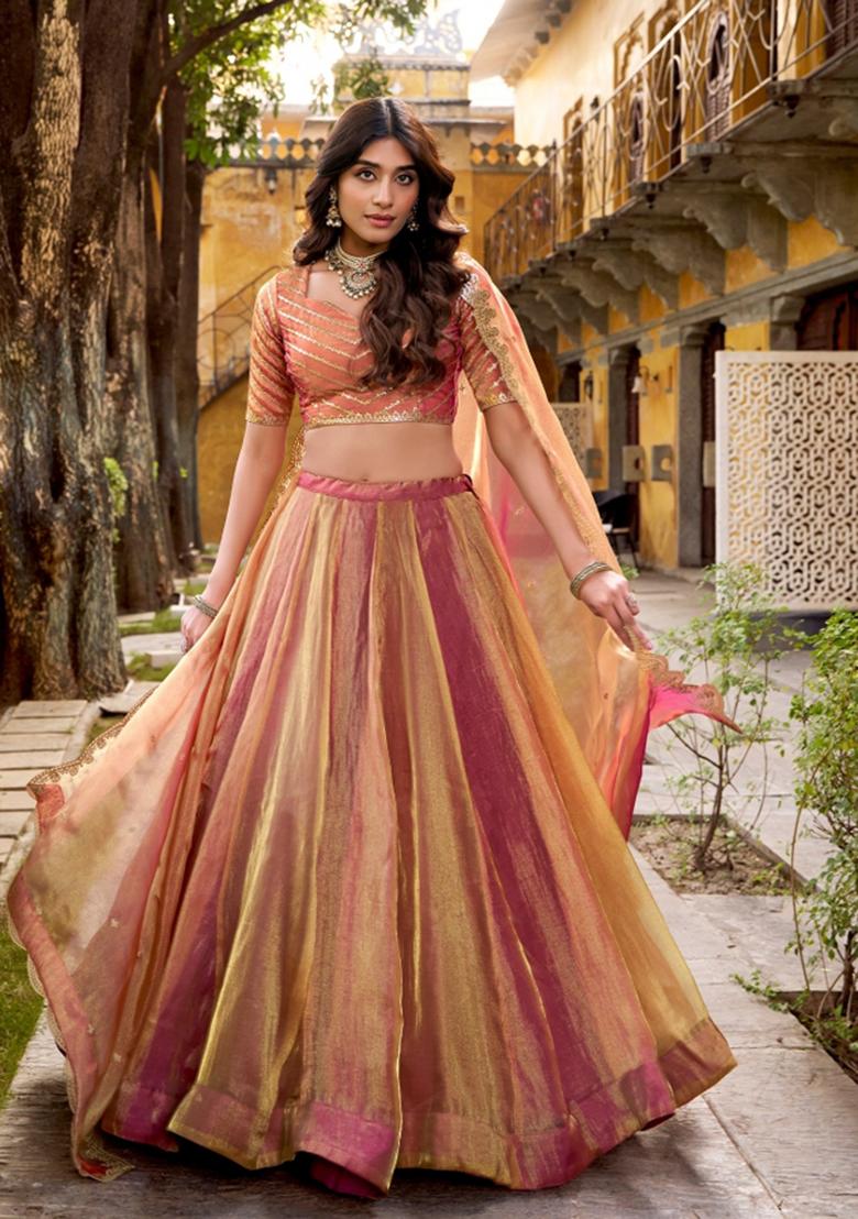 Pink Solid Silk Blend Lehenga Set - Indya