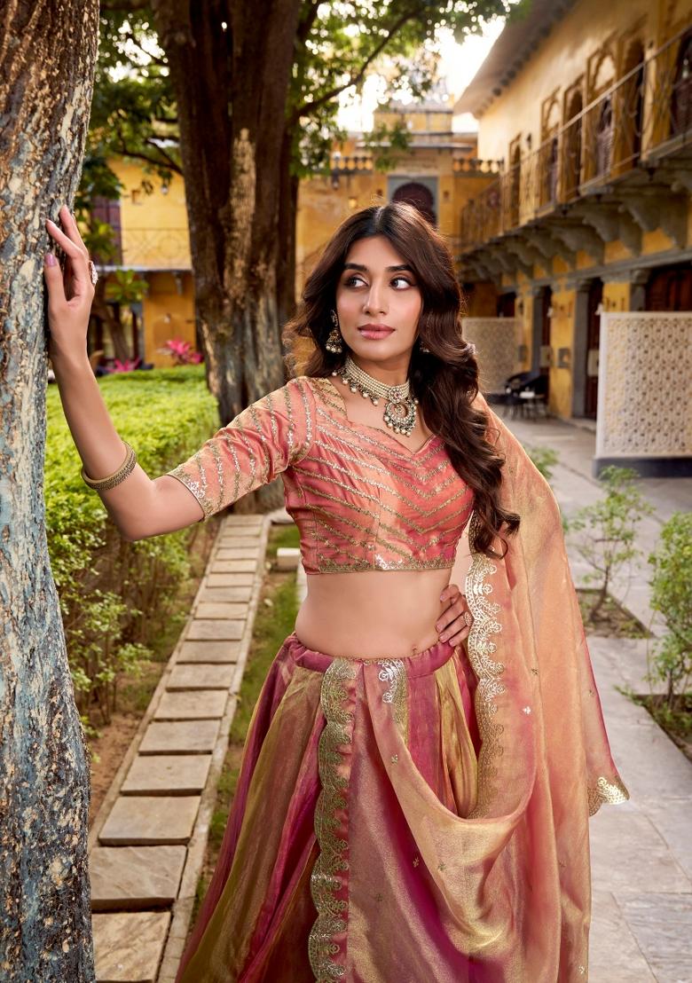Pink Solid Silk Blend Lehenga Set - Indya