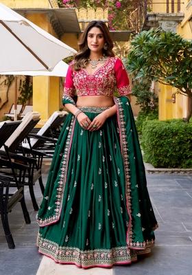 Green Embroidered Silk Blend Lehenga Set