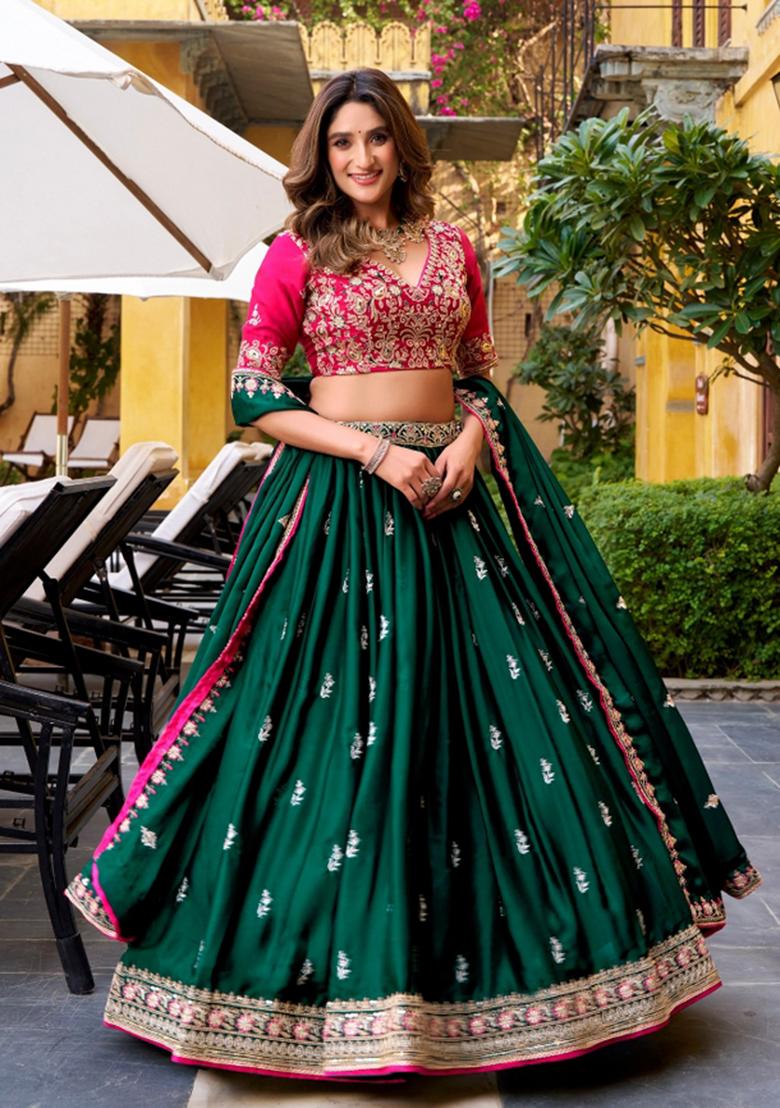 Green Embroidered Silk Blend Lehenga Set - Indya