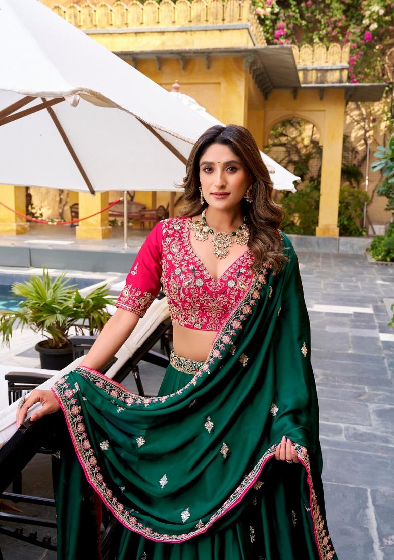 Green Embroidered Silk Blend Lehenga Set - Indya