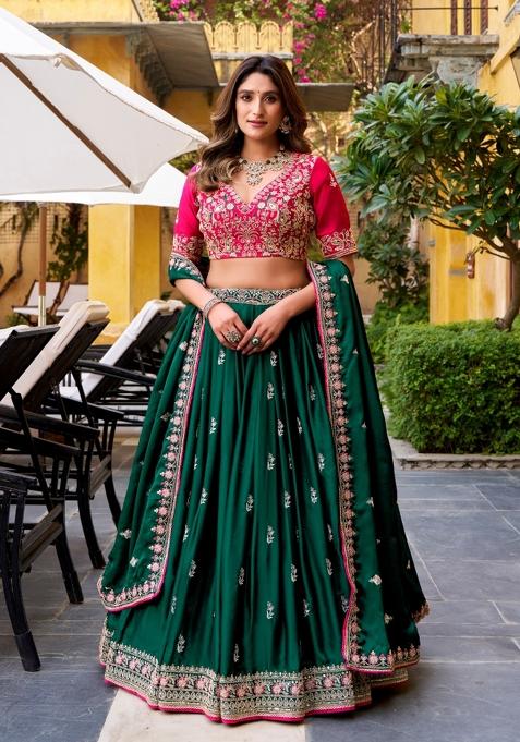 Green Embroidered Silk Blend Lehenga Set