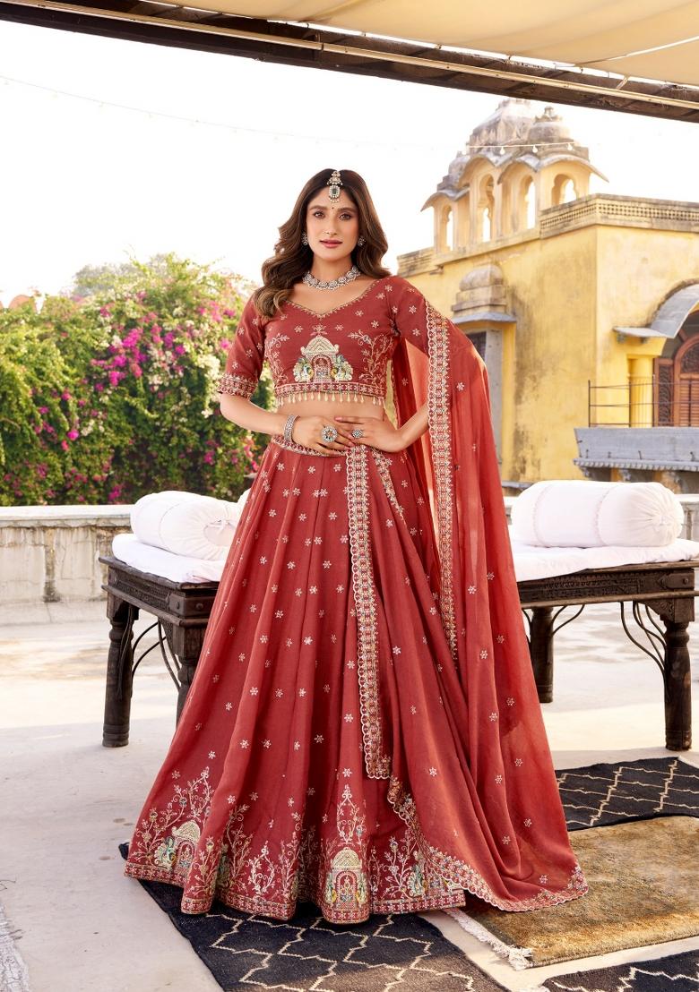 Maroon Embroidered Crush Lehenga Set - Indya