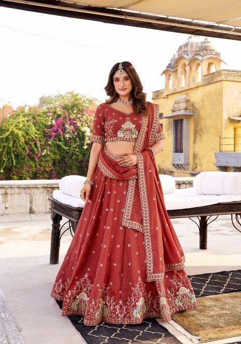 Maroon Embroidered Crush Lehenga Set