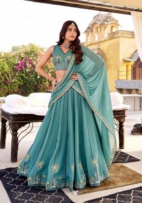 Sky Blue Embroidered Crush Lehenga Set