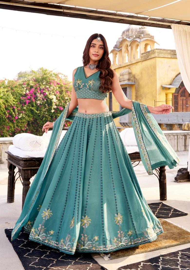 Sky Blue Embroidered Crush Lehenga Set - Indya
