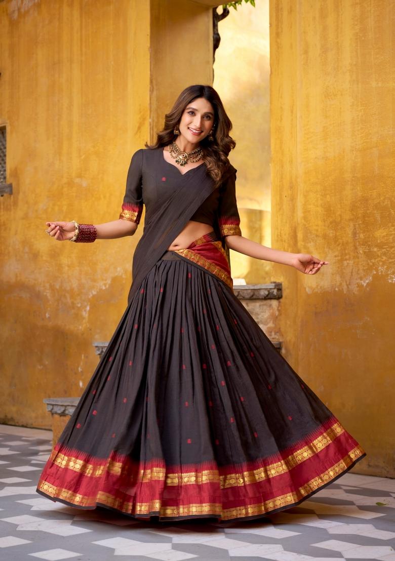 Black Zari Work Chanderi Lehenga Set - Indya