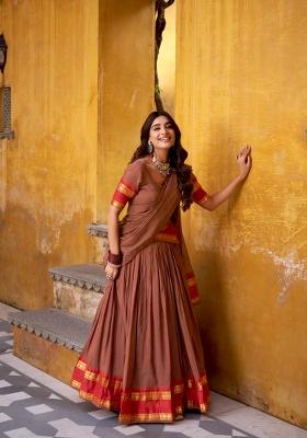 Brown Zari Work Chanderi Lehenga Set