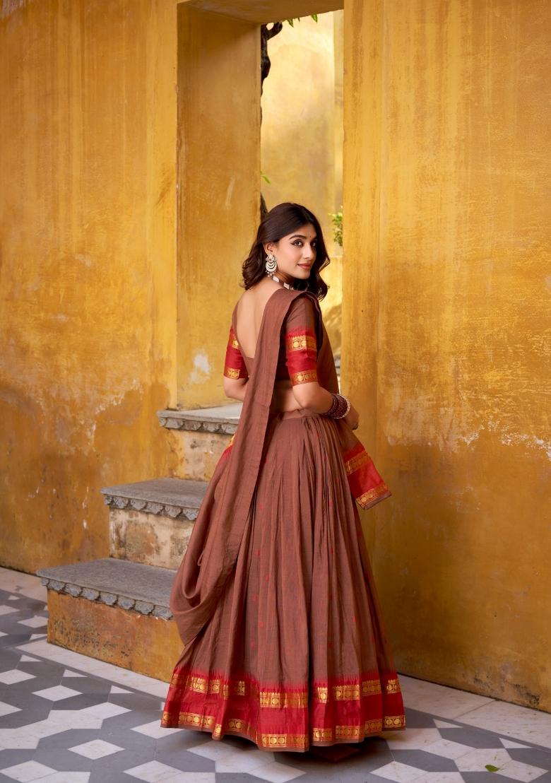 Brown Zari Work Chanderi Lehenga Set - Indya