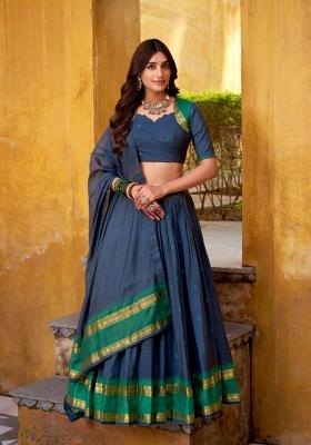 Navy Blue Zari Work Chanderi Lehenga Set