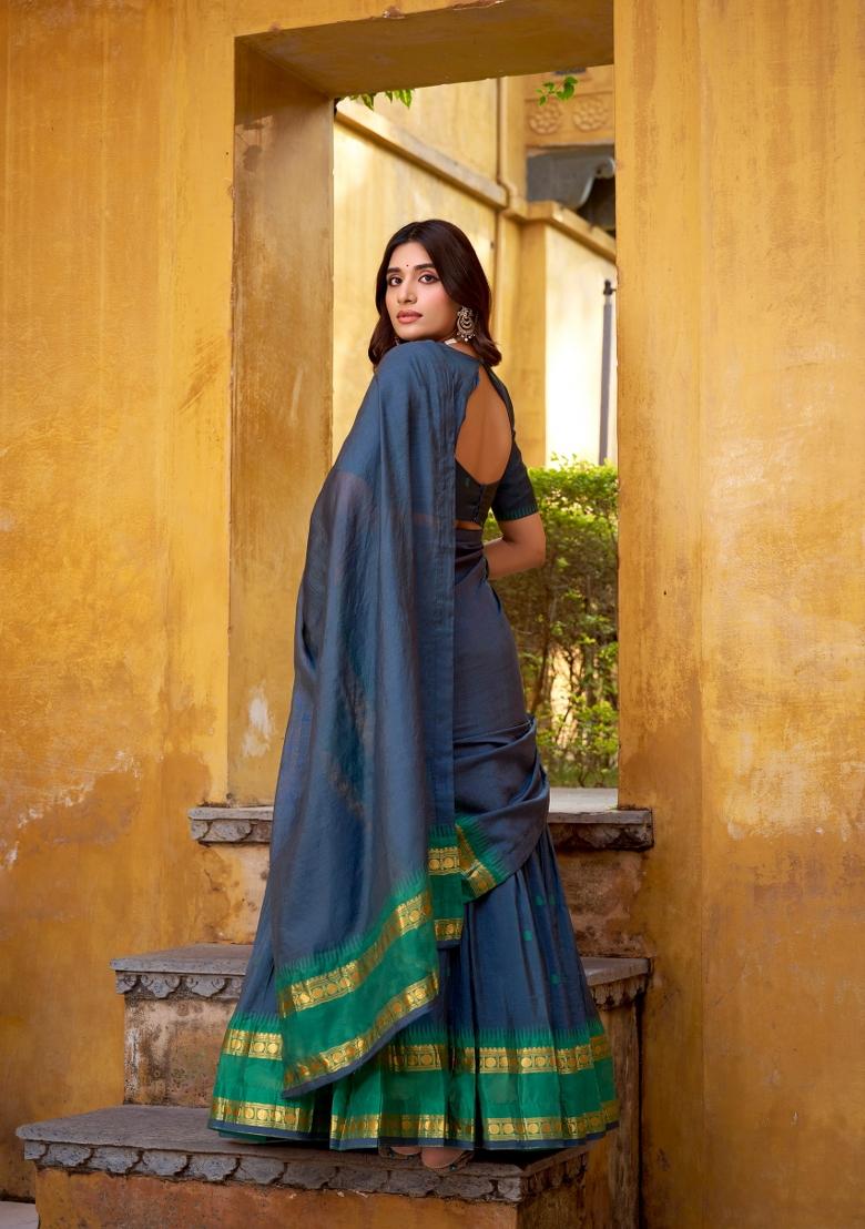 Navy Blue Zari Work Chanderi Lehenga Set - Indya