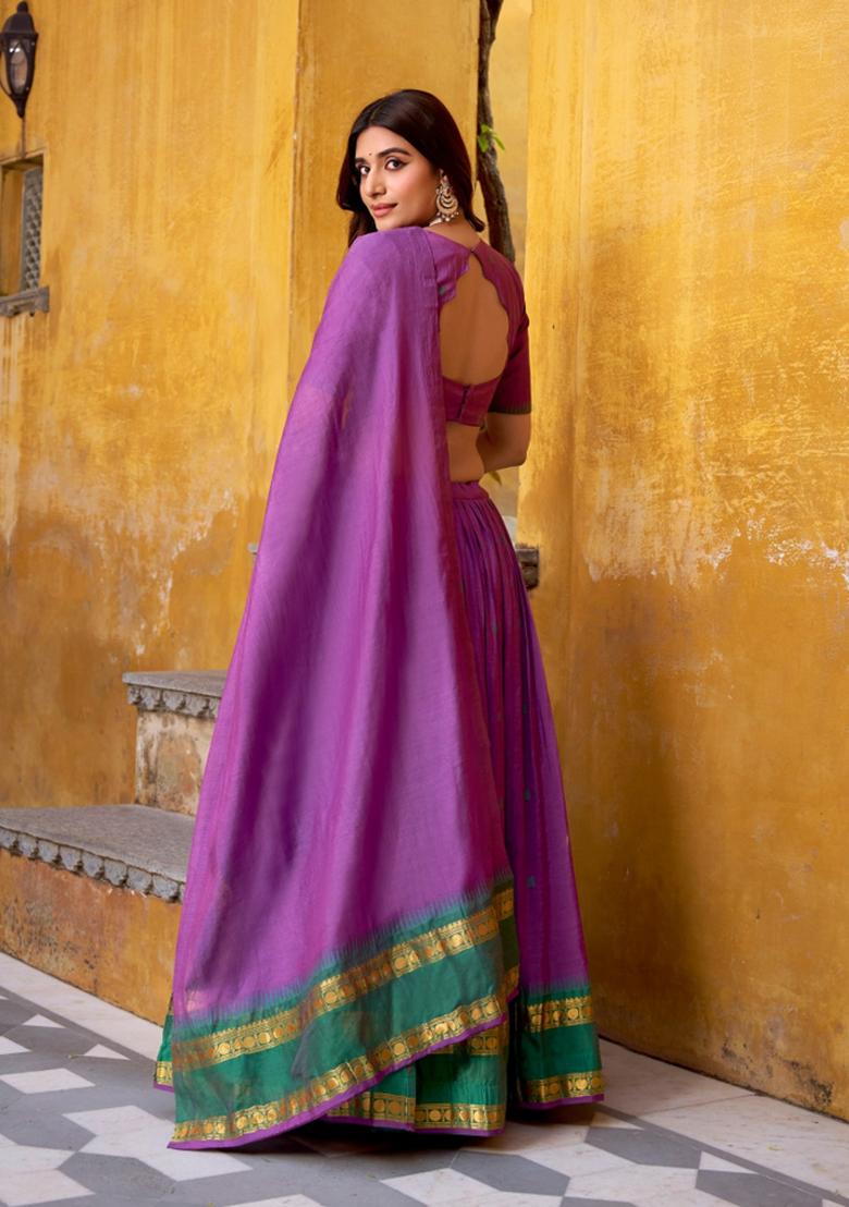 Purple Zari Work Chanderi Lehenga Set - Indya