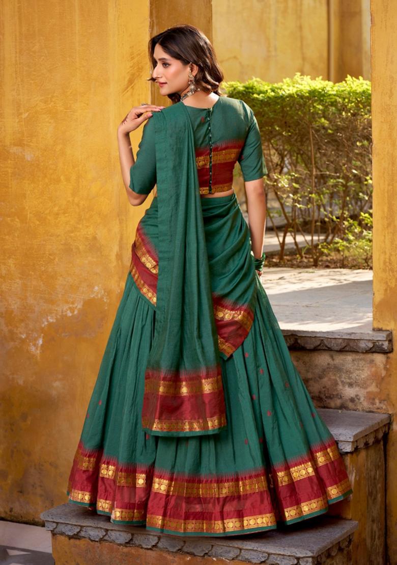 Teal Zari Work Chanderi Lehenga Set - Indya