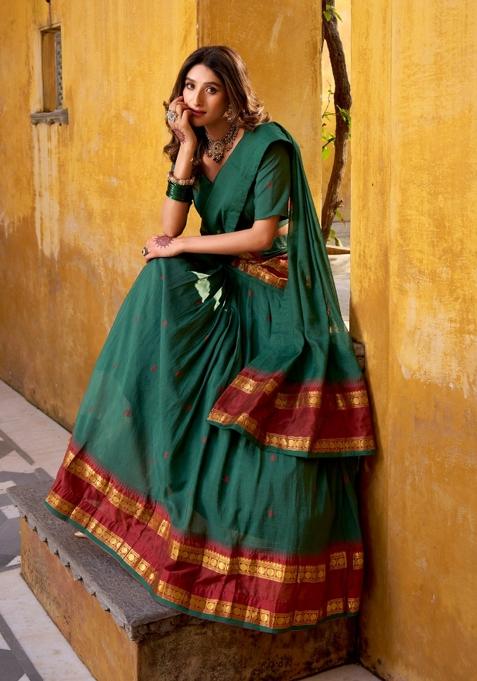 Teal Zari Work Chanderi Lehenga Set