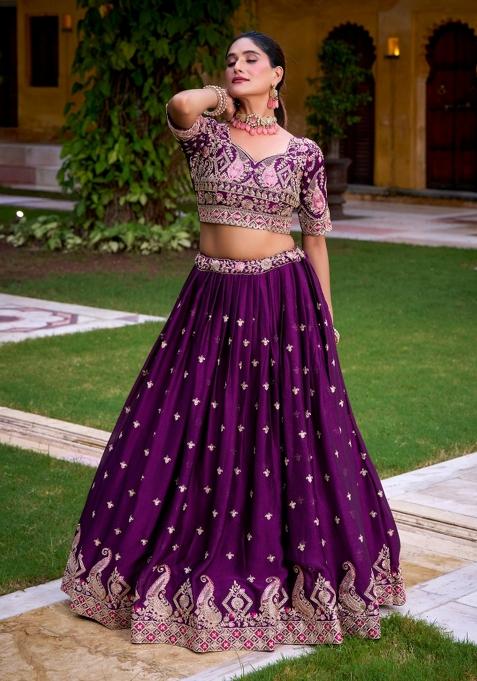 Purple Embroidered Rangoli Lehenga Set