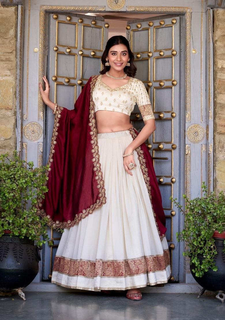 White Sequin Work Silk Blend Lehenga Set - Indya