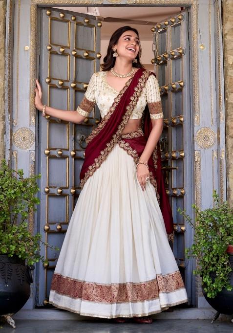 White Sequin Work Silk Blend Lehenga Set