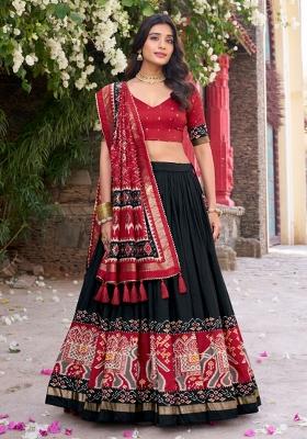 Black Printed Silk Blend Lehenga Set
