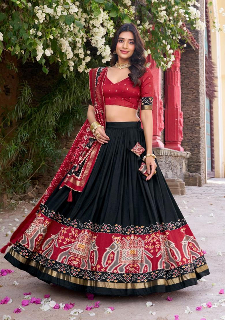 Black Printed Silk Blend Lehenga Set - Indya