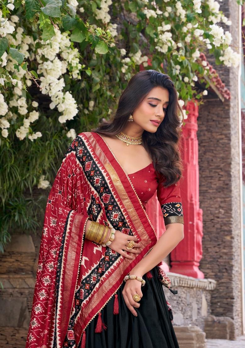 Black Printed Silk Blend Lehenga Set - Indya
