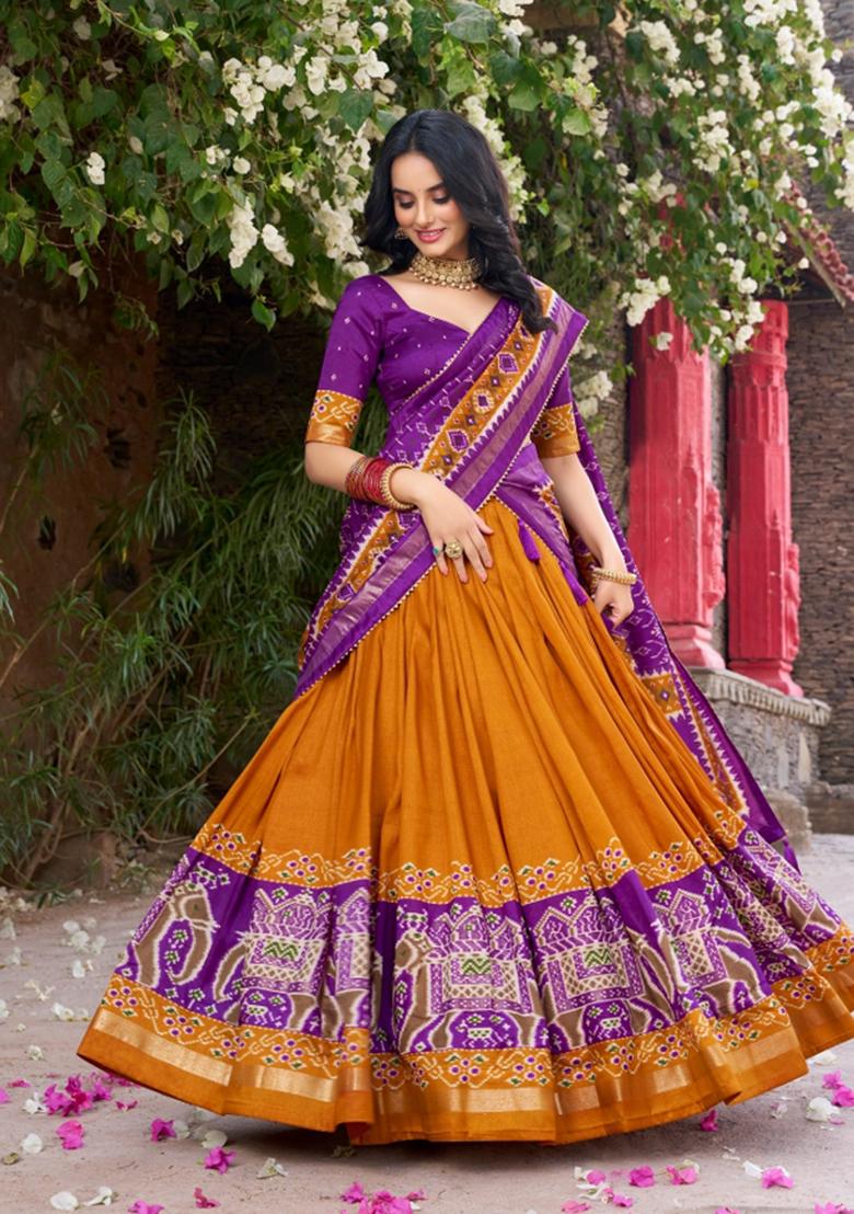 Mustard Printed Silk Blend Lehenga Set - Indya