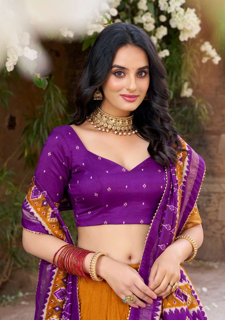 Mustard Printed Silk Blend Lehenga Set for Diwali and Festive Wear - Indya