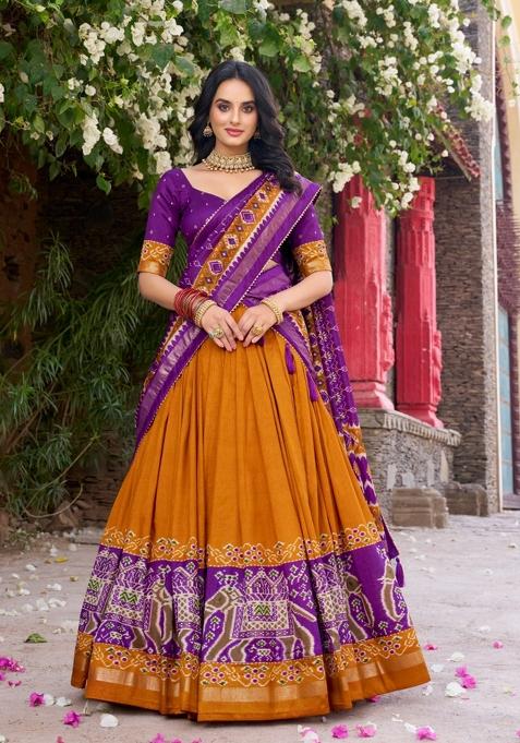 Mustard Printed Silk Blend Lehenga Set