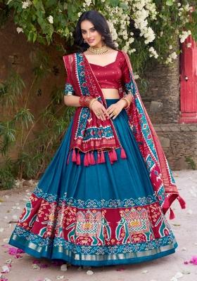 Teal Printed Silk Blend Lehenga Set