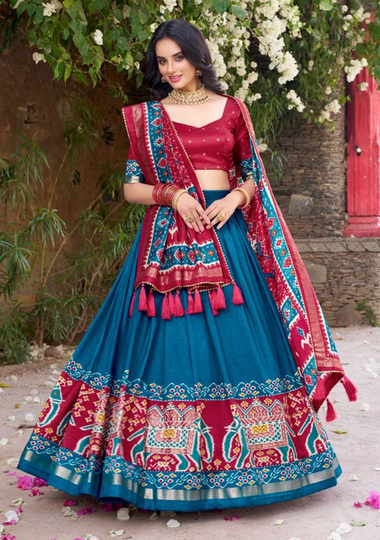 Teal Silk Blend Lehenga Set with Printed for Diwali | Wedding & Festive Wear - Indya