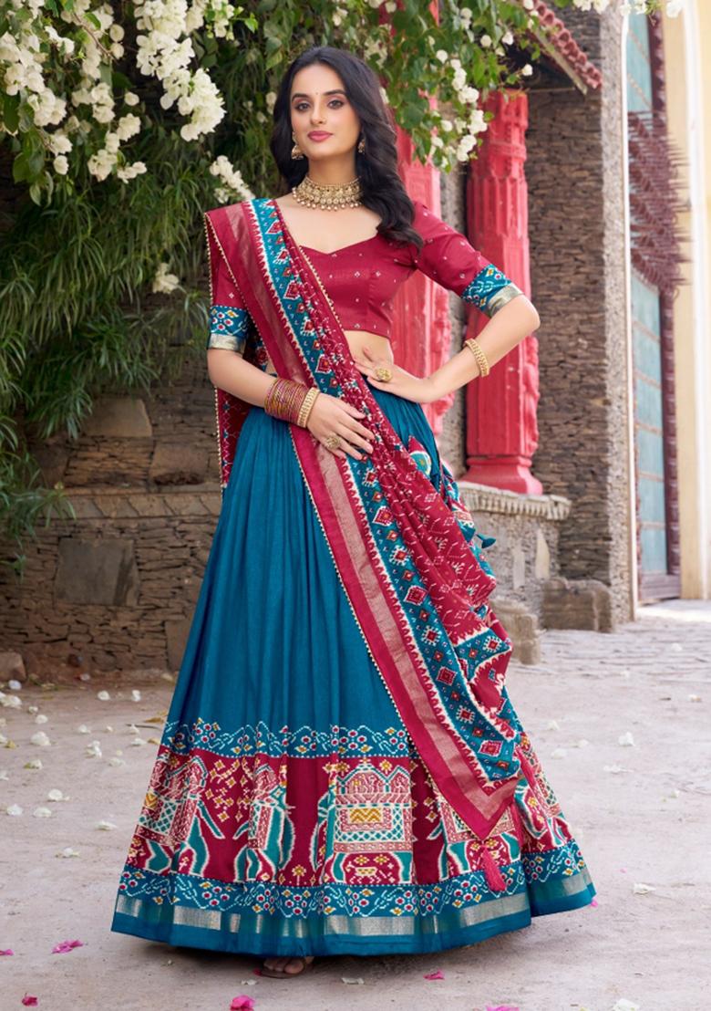 Teal Printed Silk Blend Lehenga Set - Indya