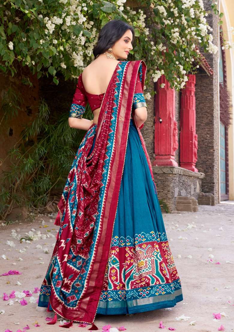 Teal Silk Blend Lehenga Set with Printed for Diwali | Wedding & Festive Wear - Indya
