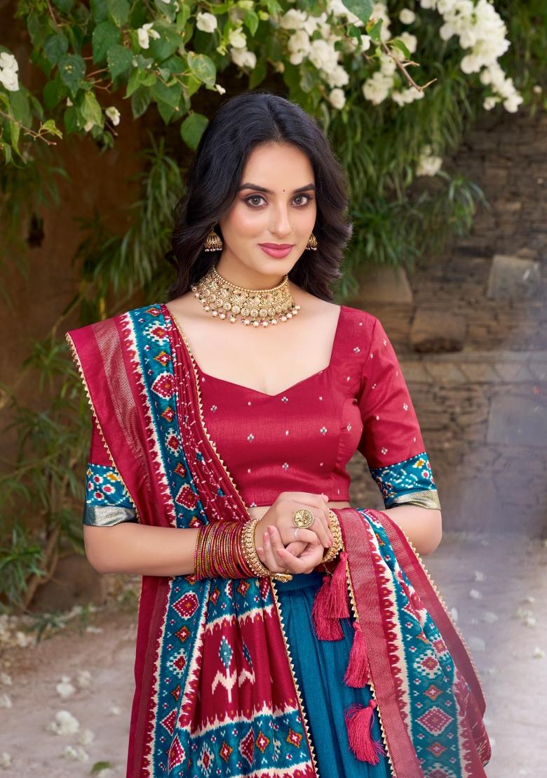 Teal Printed Silk Blend Lehenga Set - Indya
