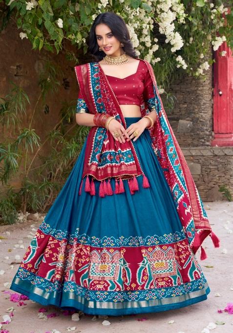 Teal Printed Silk Blend Lehenga Set