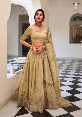 Cream Embroidered Silk Blend Lehenga Set
