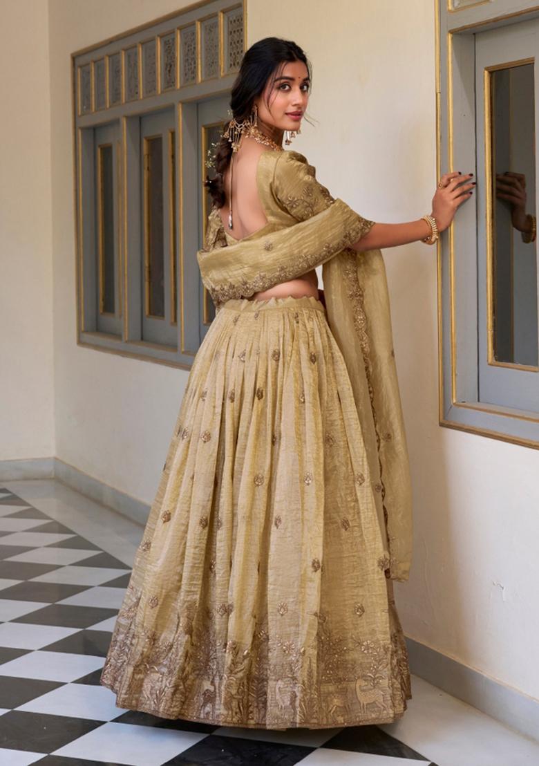 Cream Embroidered Silk Blend Lehenga Set - Indya