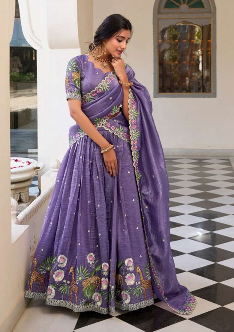 Lavender Silk Blend Lehenga Set with Embroidered for Diwali | Wedding & Festive Wear - Indya